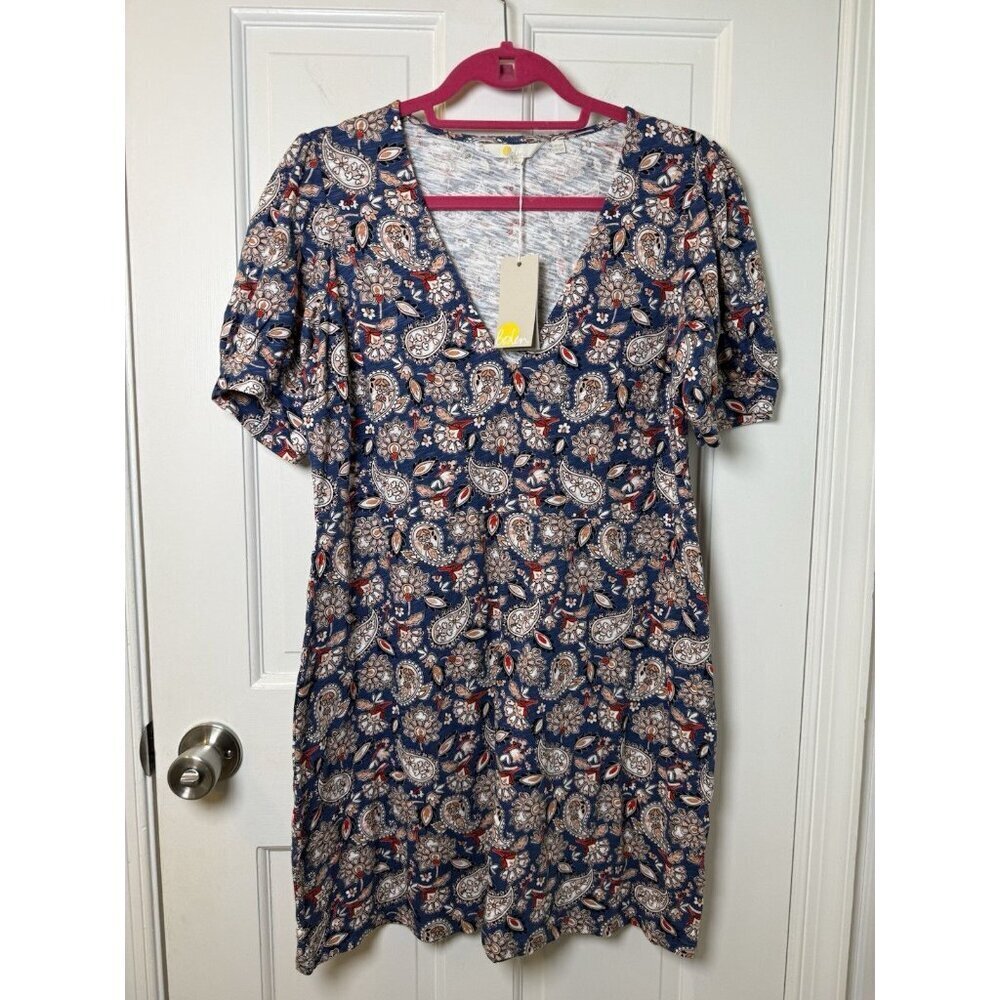 NWT BODEN V Neck Puff Sleeve Paisley Print Jersey Mini Dress 100% Cotton Sz 12P